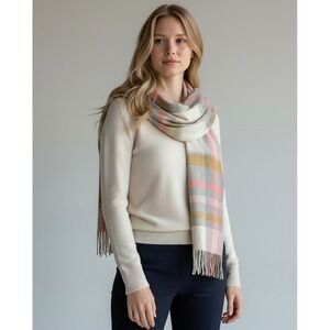 Love & Lore Plaid Oversized Scarf One Size Pink Grey Cream Mustard Fringe Wrap